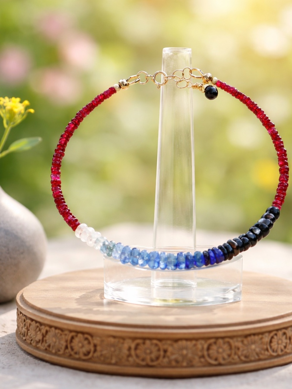 Natural Ombre Blue Sapphire Ruby Bracelet Solid 14k Gold , 6.9" - 7.5"